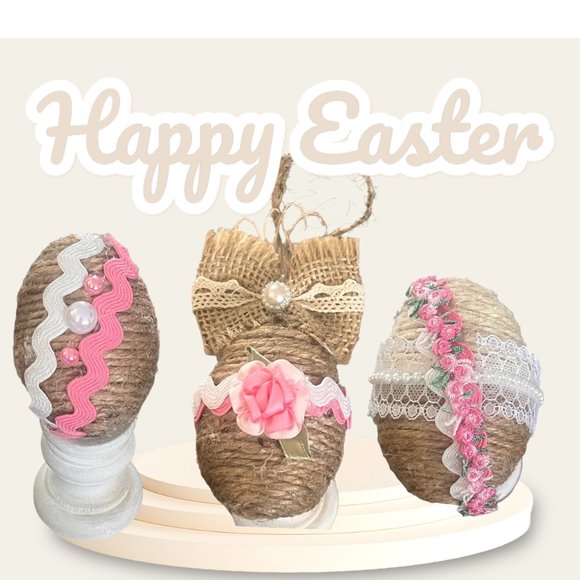 Rustic Pink Set of 4 Jute Easter Eggs, Custom Eggs, Farm Easter Décor, Religious - Picture 1 of 16